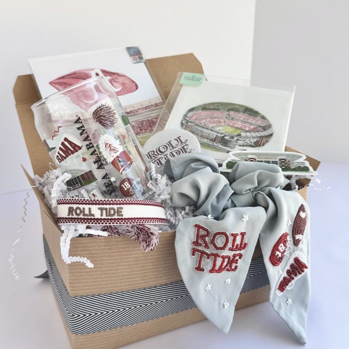Alabama Roll Tide gift basket with a tumbler and scrunchie scarf