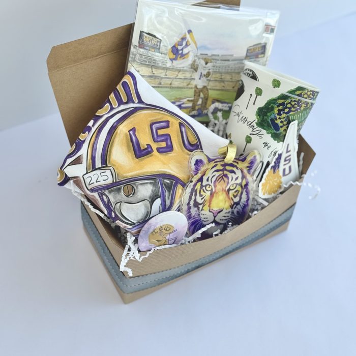 LSU game day gift basket with a tiger, helmet, and purple and gold accents