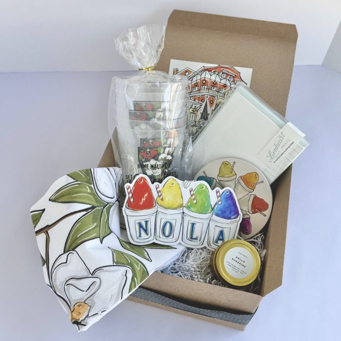 New Orleans themed gift basket with NOLA sno-ball ornaments and notecards